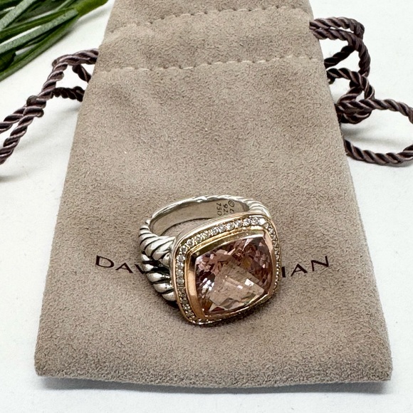 David Yurman 14mm Morganite Diamond Albion Ring .925 18K Rose Gold Sz 7 - Picture 4 of 10